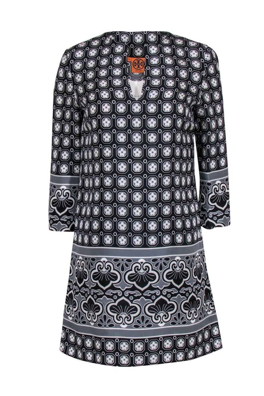 Tory Burch Geometric Border-Print 3/4 Sleeve Silk Shift Dress Black White 14